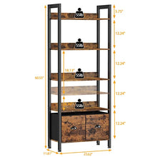Load image into Gallery viewer, Furologee 5-Tier Bookshelf, Tall Bookcase with 2 Storage Drawers, Industrial Display Standing Shelf Units, Wood and Metal Storage Shelf for Living Room, Bedroom, Home Office, Rustic Brown
