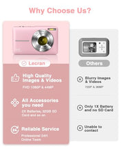 Load image into Gallery viewer, Lecran Digital Camera, FHD 1080P Kids Camera with 32GB Card, 2 Batteries, Lanyard, 16X Zoom Anti Shake, 44MP Compact Portable Small Point Shoot Camera Gift for Kid Student Children Teen Girl Boy(Pink)
