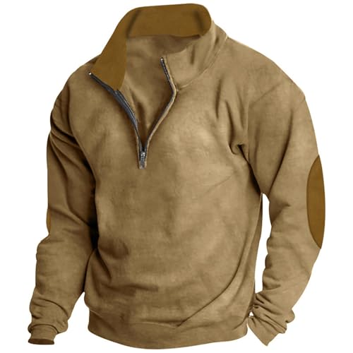 TMJSPOYOU Sudadera con cremallera de un cuarto para hombre, jersey de jacquard a cuadros lisos de manga larga con bolsillo Khaki
