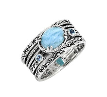 Load image into Gallery viewer, YoTreasure Larimar Swiss Blue Topaz 925 Sterling Silver Antique Three Stone Ring
