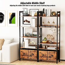 Load image into Gallery viewer, Furologee 5-Tier Bookshelf, Tall Bookcase with 2 Storage Drawers, Industrial Display Standing Shelf Units, Wood and Metal Storage Shelf for Living Room, Bedroom, Home Office, Rustic Brown
