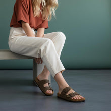Load image into Gallery viewer, CUSHIONAIRE Lane Cork Footbed Sandals for Women – Comfortable Double Buckle Slip-On with Genuine Suede Footbed &amp; Arch Support Slides for Women Footwear, BROWN 8
