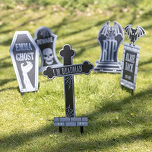 Load image into Gallery viewer, 3-D Metal Halloween Ghost Cemetery 17" Tombstones- Full Set of 5 w Stakes -Durable, Rustproof, UV Raised Printing-Upgrade Your Haunted House Mansion Cemetary Lawn Decor-No More Flimsy Foam Graveyards
