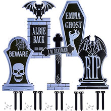 Load image into Gallery viewer, 3-D Metal Halloween Ghost Cemetery 17" Tombstones- Full Set of 5 w Stakes -Durable, Rustproof, UV Raised Printing-Upgrade Your Haunted House Mansion Cemetary Lawn Decor-No More Flimsy Foam Graveyards
