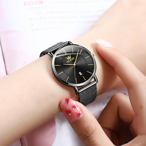 OLEVS Watch Women Black Watches for Women Ultra Thin Mesh Womens Watch for Small Wrist Water Resistant Luxury Ladies Watches with Date Analog Quartz Female Elegant Simple Reloj para Mujer