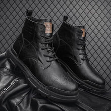 Load image into Gallery viewer, Men's Leather Lace Up Motorcycle Combat Boots Retro Round Toe lug sole Chukka Ankle Boots Casual Waterproof Oxford Dress Work Boot (black,8.5,8.5)
