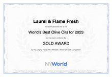 Load image into Gallery viewer, Laurel &amp; Flame Fresh - Extra Virgin Olive OIl - Polyphenol Rich (823 MG/KG) - USDA Organic - 56X Hydroxytyrosol Polyphenols - Early Harvest - Single Origin - Monovarietal - EVOO of the Year 2023 Award Winning - New Harvest - Cold Pressed (500 ml -16.9 fl
