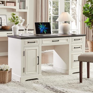 JXQTLINGMU 58" Executive Desk, Farmhouse Computer Desk with Drawers and Cabinet, Embossed Texture Home Office Desk, Workspace for Work Study Writing, Off White