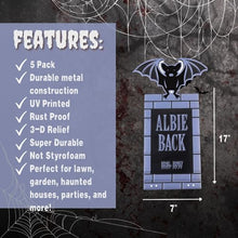 Load image into Gallery viewer, 3-D Metal Halloween Ghost Cemetery 17" Tombstones- Full Set of 5 w Stakes -Durable, Rustproof, UV Raised Printing-Upgrade Your Haunted House Mansion Cemetary Lawn Decor-No More Flimsy Foam Graveyards
