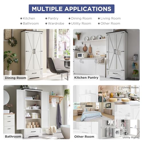 Load image into Gallery viewer, JXQTLINGMU Farmhouse Kitchen Pantry Cabinet - 72" Tall Wood Kitchen Storage Cabinets with Adjustable Shelves & 2 Barn Doors & Drawer, Versatile Storage for Dining Room, Bathroom, Antique White