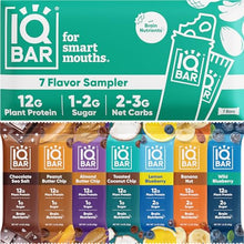 Load image into Gallery viewer, IQBAR Brain and Body Plant Protein Bars - 7 Bar Sampler Pack - Low Carb, High Fiber, Gluten Free, Healthy Vegan Snacks - Low Sugar Keto Energy Bars
