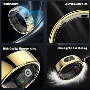 Smart Ring Health Tracker for Women & Men, Fitness Ring with Sleep & Motion Tracking, Touch Control, No Subscription Required, Compatible with iOS & Android (Gold, 10)