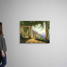 Load image into Gallery viewer, CANVAS ON DEMAND View to the Amalfi Coast Canvas Wall Art Print, European Window to a Mediterranean Seaside Town, Carl Frederic Aagaard Italian Landscape Painting, Italy Artwork, 40"x30"
