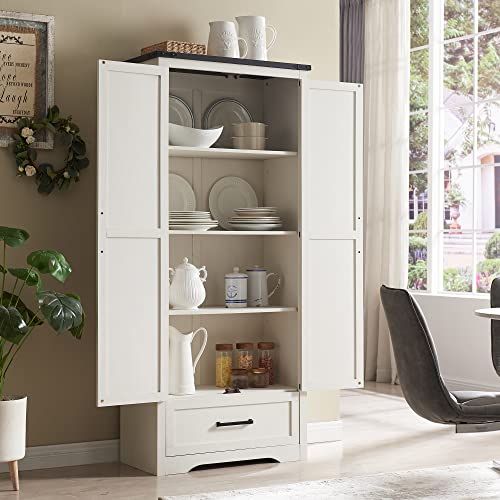 Load image into Gallery viewer, JXQTLINGMU Farmhouse Kitchen Pantry Cabinet - 72" Tall Wood Kitchen Storage Cabinets with Adjustable Shelves & 2 Barn Doors & Drawer, Versatile Storage for Dining Room, Bathroom, Antique White