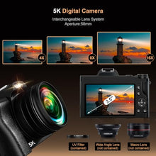Load image into Gallery viewer, 5K Digital Camera for Photography, WiFi Auto Focus Vlogging Video Camera for YouTube with 32GB SD Card, 6-axis Anti-Shake 3.5" Screen Fill Light 5K Camera with 58mm UV Filter, 16X Digital Zoom Camera
