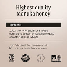 Load image into Gallery viewer, Manukora Raw Manuka Honey, MGO 850+ from New Zealand, Non-GMO, Monofloral, Traceable from Hive to Hand, Daily Digestive &amp; Immune Support - 500g (1.1 Lb)
