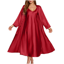 Load image into Gallery viewer, Satin Nightgown and Robe Sets for Women 2 Piece Sexy V-Neck Silk Slip Dress Long Chemise Sleepwear Pajamas with Belt Wine
