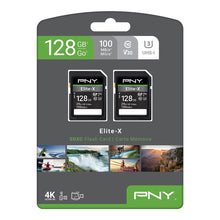 Load image into Gallery viewer, PNY 128GB Elite-X Class 10 U3 V30 SDXC Flash Memory Card 2-Pack - 100MB/s, Class 10, U3, V30, 4K UHD, Full HD, UHS-I, Full Size SD
