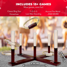 Load image into Gallery viewer, SWOOC Games - Rustic Ring Toss Game (All Weather) - Easy Setup &amp; Extra Games Included - Outdoor Ring Toss Game for Adults and Kids - Yard Activity For Adults - Oversized Lawn Activity - Rope Throw Set
