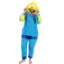 Load image into Gallery viewer, COSUSKET Fitted Unisex Adult Aliens Onesie Pajamas, Halloween Flannel Women's Cosplay One Piece Costume Green/Blue
