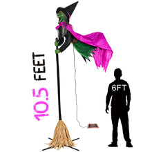 Load image into Gallery viewer, 10.5FT Sound Activated &amp; Footpad Start Flying Witch Halloween Animatronics, Large Outdoor Hovering Witch on Broom Decoration for Garden, Yard &amp; Lawn, Animated Flying Witches Halloween Decor

