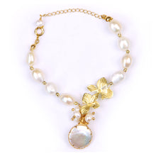Load image into Gallery viewer, ELEXIS 18K Gold Dainty Baroque Pearl Bracelet For Women Wedding Handmade Originals Trendy Casual Freshwater Pearls Leaf Bracelet For Girls Gift Engaged Comfy Bridesmaid Hanging Jewelry
