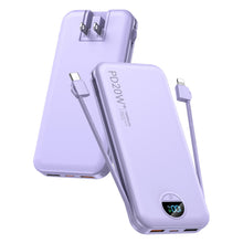 Load image into Gallery viewer, Portable Charger, 10000mAh PD20W USB C Fast Charging Power Bank with Built-in Cables and AC Wall Plug, Smart LED Display Travel Essentials Battery Pack Compatible with iPhone, iPad, Samsung etc Purple
