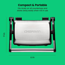 Load image into Gallery viewer, Chefman Electric Panini Press Grill, Compact 2-Slice Sandwich Maker, Non-Stick Coated Plates, Opens 180 Degrees, Dishwasher Safe, Removable Drip Tray, Stainless Steel/Black
