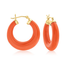 Load image into Gallery viewer, Ross-Simons Simulated Coral Hoop Earrings in 14kt Yellow Gold
