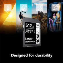 Load image into Gallery viewer, Lexar 512GB Professional 1066x SDXC Memory Card, UHS-I, C10, U3, V30, Full-HD &amp; 4K Video, Up To 160MB/s Read, for DSLR and Mirrorless Cameras (LSD1066512G-BNNNU)
