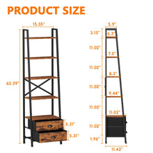 Load image into Gallery viewer, Furologee 5-Tier Ladder Shelf with 2 Drawers,Narrow Bookshelf Storage Shelves,Industrial Bookcase Freestanding Shelf Units for Bedroom,Living Room,Bathroom,Home Office,Balcony,Wood Metal,Rustic Brown
