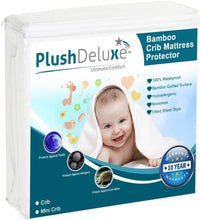 Load image into Gallery viewer, PlushDeluxe Pack and Play Mattress Protector, 39”x27”, Waterproof Playard Pack N Play Mini Crib Cover, Soft Viscose Made from Bamboo with Quilted Terry Cotton Top, Noiseless White Fitted Sheet Style
