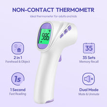 Load image into Gallery viewer, Forehead Thermometer for Adults, Kids &amp; Babies, No-Touch Digital Thermometer with LCD Backlight Display, Fever Alarm and 1s Instant Reading - Purple
