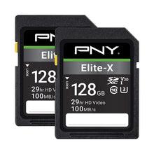 Load image into Gallery viewer, PNY 128GB Elite-X Class 10 U3 V30 SDXC Flash Memory Card 2-Pack - 100MB/s, Class 10, U3, V30, 4K UHD, Full HD, UHS-I, Full Size SD
