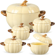 Load image into Gallery viewer, Maxdot Set of 5 Ceramic Pumpkin Bowls with Lid and Handles Pumpkin Shape Soup Serving Pot Storage Jar for Fall Thanksgiving Halloween Party Kitchen Dessert Decoration 17Oz &amp; 54Oz(Cream Yellow)
