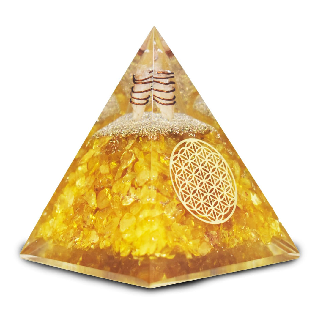 Real Crystal Citrine Orgonite Pyramid, Healing Crystal Pyramid, Pyramid Crystal Gemstone Pyramid for Meditation, Motivation, Positivity - Handmade in India