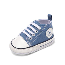 Load image into Gallery viewer, KKIIDDSS Unisex Baby Girls Boys Canvas High-top Shoes, Newborn Infant Anti-Slip Soft Sole Frist Walking Breathable Sneakers2 (A01/Little Blue Rubber Sole,6-12 Months)
