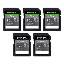 Load image into Gallery viewer, PNY 32GB Elite Class 10 U1 V10 SDHC Flash Memory Card 5-Pack - 100MB/s Read, Class 10, U1 Full HD, UHS-I, Full Size SD
