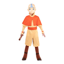 Load image into Gallery viewer, Avatar Aang Official Youth Deluxe Halloween Costume - Premium Quality Jumpsuit with Attached Cloak plus Belt, Mask, and Staff (M)
