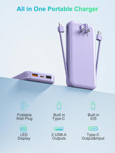 Load image into Gallery viewer, Portable Charger, 10000mAh PD20W USB C Fast Charging Power Bank with Built-in Cables and AC Wall Plug, Smart LED Display Travel Essentials Battery Pack Compatible with iPhone, iPad, Samsung etc Purple
