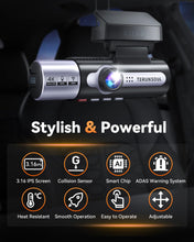 Load image into Gallery viewer, 4K Dash Cam Front and Rear, Full HD 3 Channel Dashcam, Free 128GB Memory Card, Built-in 5.8GHz WiFi Built-in GPS, Collision Sensor, Night Vision, 3.16" IPS, 24H Parking Mode（Black）
