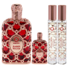 Load image into Gallery viewer, Orientica Luxury Collection Amber Rouge 4-Pc Gift Set Eau De Parfum - Woody, Amber, Saffron, Praline, Jasmine, Orange, Oak Moss, Seaweed - Arabic Perfume for Women - (2.7oz, 7.5ml &amp; 2 X 10ml spray)
