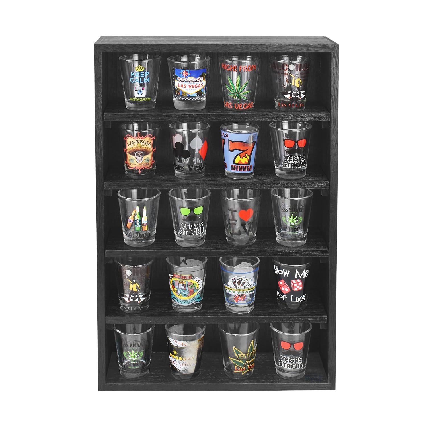 Load image into Gallery viewer, Ikee Design Wooden Wall-Mounted Display Shelves Rack for Collectibles, Figures,Shot Glasses,Spice Can,Cosmetics or Perfume, 5 Adjustable Height Shelves,Space-Saving, Black Color