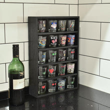 Load image into Gallery viewer, Ikee Design Wooden Wall-Mounted Display Shelves Rack for Collectibles, Figures,Shot Glasses,Spice Can,Cosmetics or Perfume, 5 Adjustable Height Shelves,Space-Saving, Black Color
