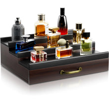 Load image into Gallery viewer, YIKIBOX Cologne Organizer for Men,Wooden Perfume Organizer with Hidden Compartment and Drawer,Cologne Stand Organizer and Storage Display Risers for Dresser,Great Gift for Men/Friend(DarkBrown)

