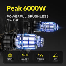 Load image into Gallery viewer, Electric Bike for Adult, 36Ah 52V Dual Motor Ebikes, 51MPH Peak 6000W Electric Bike Fastest Ebike, 130 Miles Electric Bicycle, 26” Fat Tire Mens E Bike, Hydraulic Brake, 7 Speed, Front Suspension
