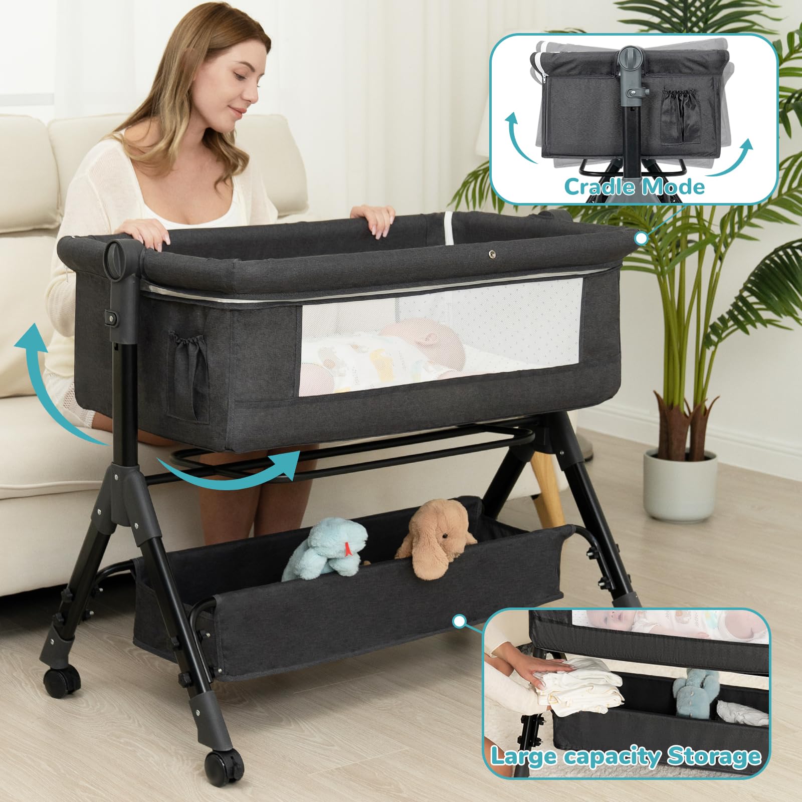 Load image into Gallery viewer, BCOL Baby Bassinet, Bedside Bassinet for Baby, 3 in 1 Bassinet Bedside Sleeper with Wheels, Mosquito Net, Adjustable Easy Folding Portable Bed for Infant Newborn (Dark Grey)
