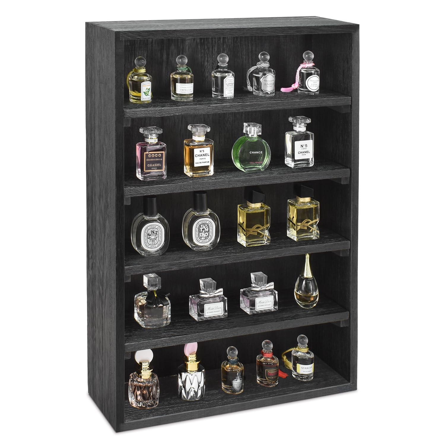 Load image into Gallery viewer, Ikee Design Wooden Wall-Mounted Display Shelves Rack for Collectibles, Figures,Shot Glasses,Spice Can,Cosmetics or Perfume, 5 Adjustable Height Shelves,Space-Saving, Black Color