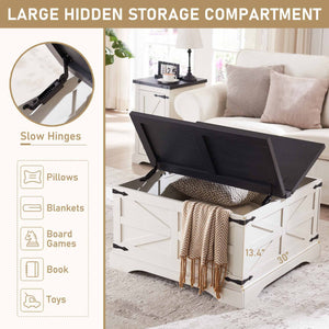 JXQTLINGMU Farmhouse Coffee Table, Square Wood Center Table with Large Hidden Storage Compartment for Living Room, Rustic Cocktail Table with Hinged Lift Top for Home, White