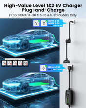 Load image into Gallery viewer, SEGUMA Level 1/2 EV Charger, 10-24A, 110-240V, NEMA 14-30 Dryer Outlet Plug, NEMA 5-15 Adapter, 25ft UL Certified Cable, Electric Vehicle Portable Charger, J1772 EVSE Home EV Charging Station
